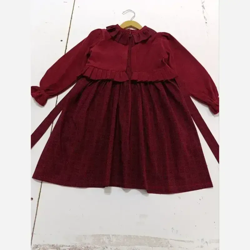 کت و سارافون دخترانه مخمل کبریتی و کتان تافته زرشکی سایز 2 تا 9 سال - تصویر 4