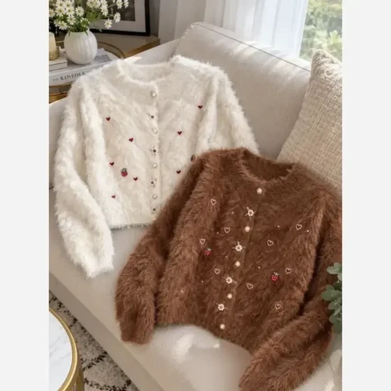 ژاکت موهربافت طرح قلب و توت فرنگی فری سایز 38 تا 48