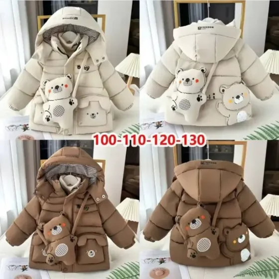 کاپشن بچگانه وارداتی ضخیم کلاهدار با کیف همراه رنگ کرم و قهوه ای مناسب 2 تا 6 سال