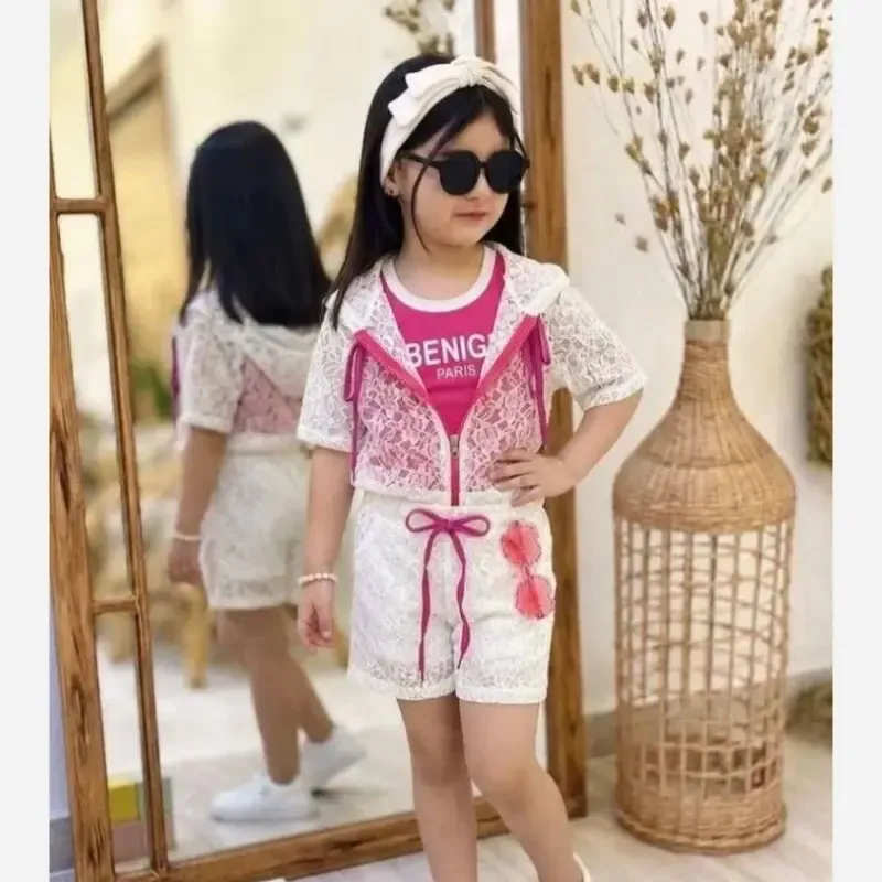 ست دخترانه سه تکه تاپ رویه تور و شلوارک مناسب 2 تا 9 سال - تصویر 2