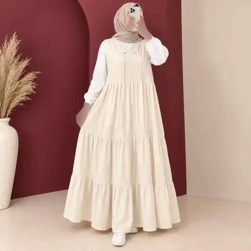 پیراهن ساحلی حلقه ای بلند زنانه نخ لینن چیندار دکمهدار - تصویر 6