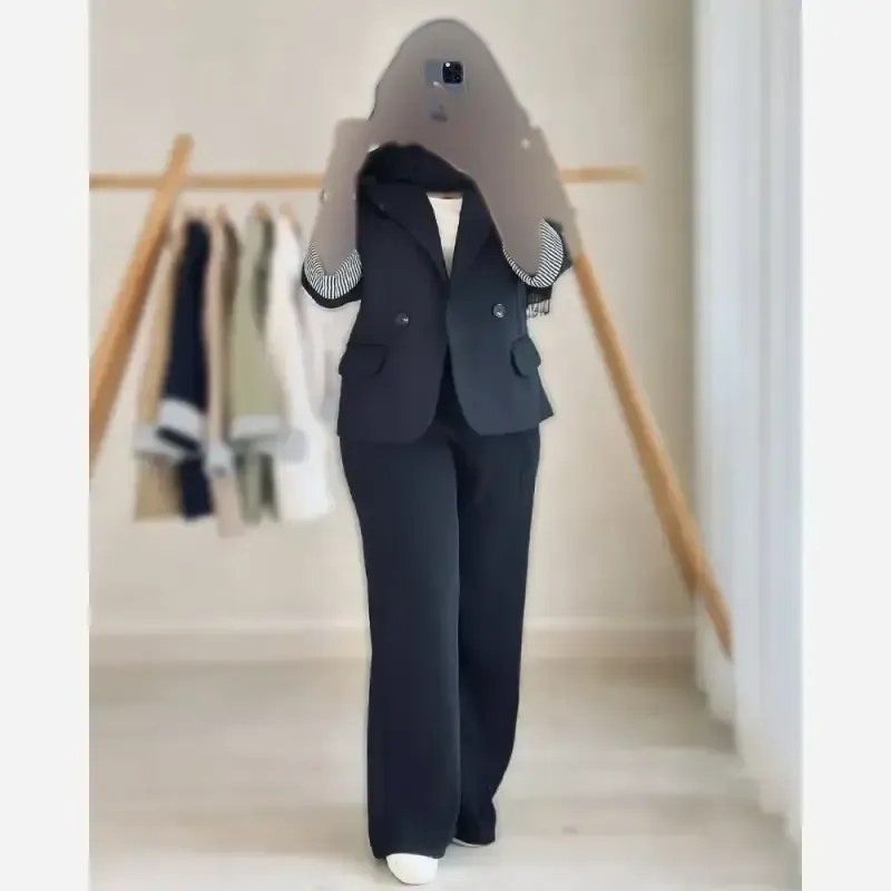 کت شلوار زنانه مدل ترند جنس مازراتی خرجکار تترون رنگ مشکی قهوه ای سرمه ای - تصویر 9