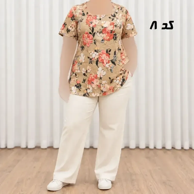 تیشرت نخی پارچه خارجی دکمهدار زنانه و دخترانه فری سایز مناسب تا 50 - تصویر 5