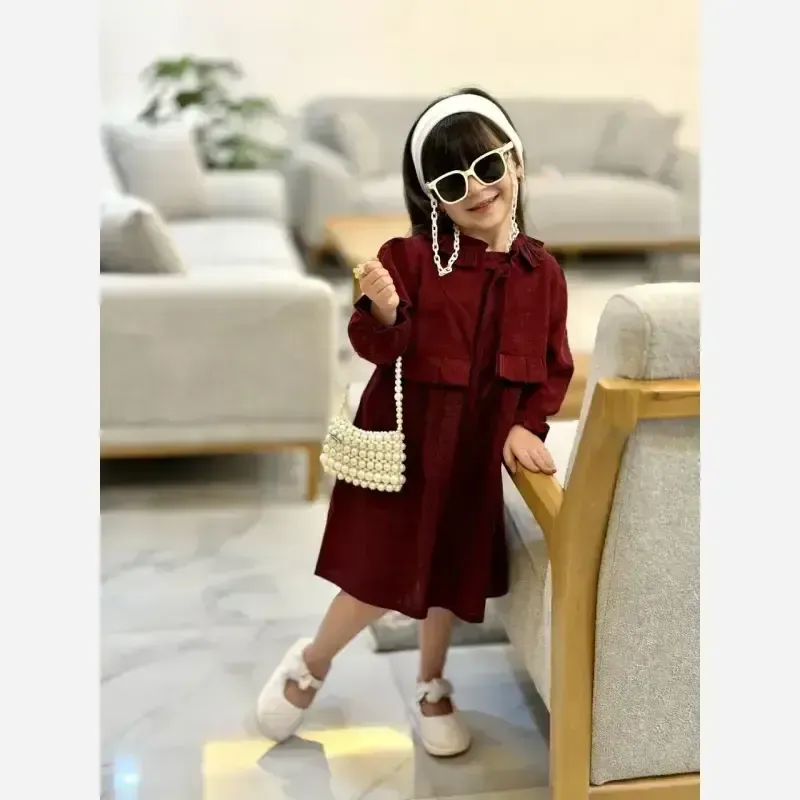 کت و سارافون دخترانه مخمل کبریتی و کتان تافته زرشکی سایز 2 تا 9 سال