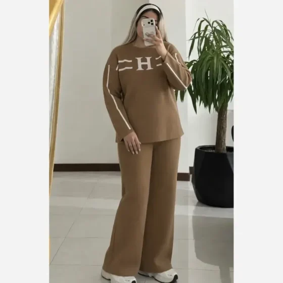ست بلوز شلوار بافت زنانه طرح هرمس جنس بافت درجه یک سایز 38 تا 48 رنگ طوسی مشکی موکا