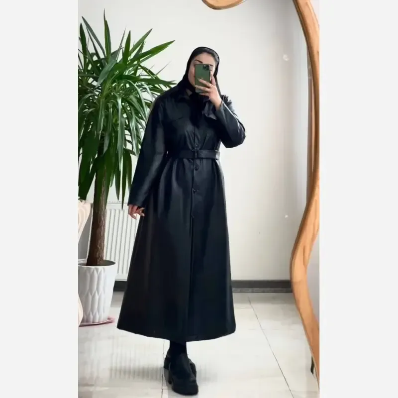 پالتو چرم زنانه بلند مدل اتوسا رنگ قهوه ای و مشکی سایز 36 تا 46 - تصویر 4
