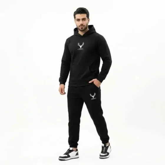 ست هودی و شلوار مردانه مشکی داخل کرک طرح گوزن