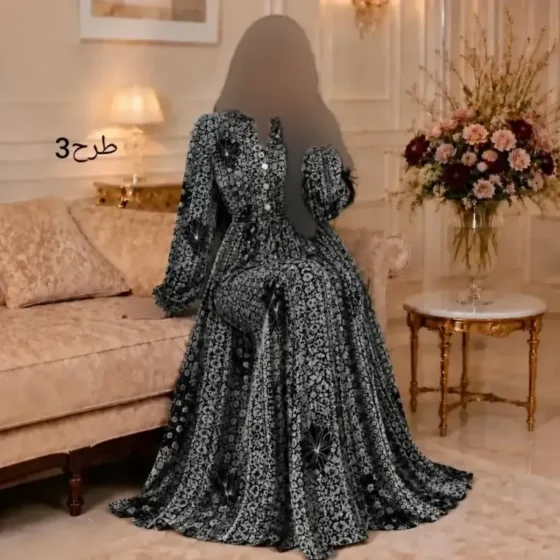 پیراهن بلند زنانه الیزه طرح دار کمر گت مدل مهسا