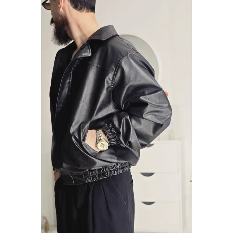 کاپشن مردانه چرم مصنوعی مشکی پایین کش وارداتی سایز L تا 2XL - تصویر 4